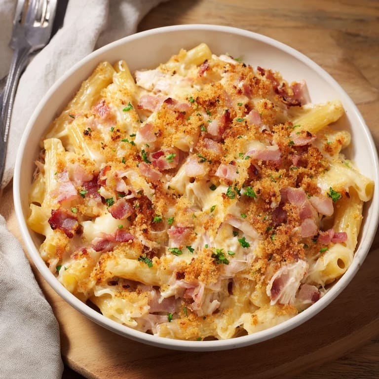 A close-up of creamy Tinis Mac and Cheese with Bacon, showcasing the bacon's crunchy texture and cheesy goodness.