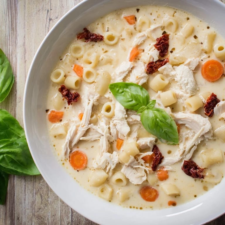 Close-up of a rustic bowl of Marry Me Chicken Soup, garnished with fresh basil for a delightful meal.