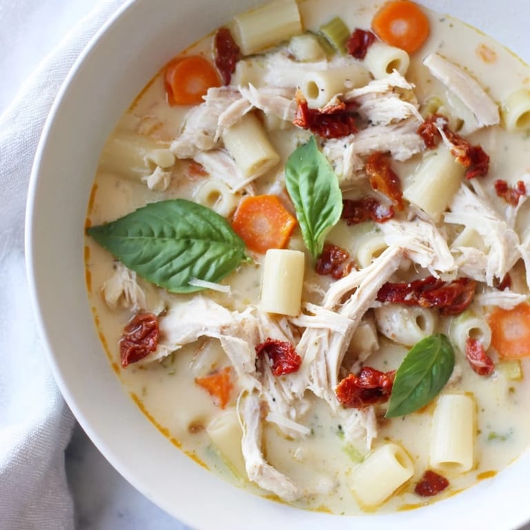 A steaming pot of Marry Me Chicken Soup, brimming with tender chicken, savory broth, and flavorful vegetables.