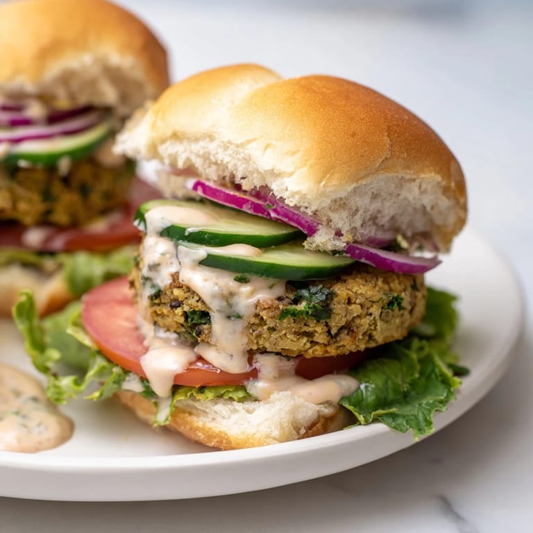 Mouthwatering Baked Falafel Sliders, a stacked mini burger presented on a plate alongside fresh, colorful toppings.