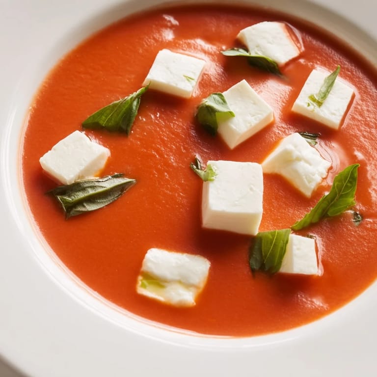 A close-up of melted mozzarella swirling in rich, creamy tomato mozzarella soup, ready to eat.