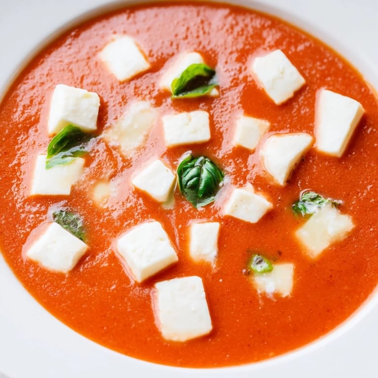 Homemade creamy tomato mozzarella soup, a vibrant red color, perfect for dipping crusty bread in.