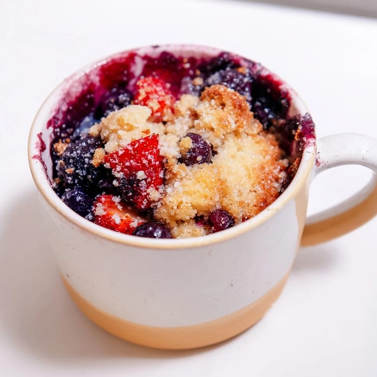A close-up of a Mixed Berry Cobbler Mug Cake, showing the perfect blend of berries and tender cake.