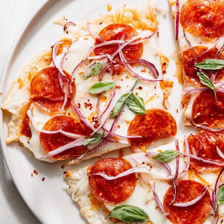 Crispy-crusted hot honey pepperoni flatbread with melted mozzarella and sweet, spicy honey drizzle.