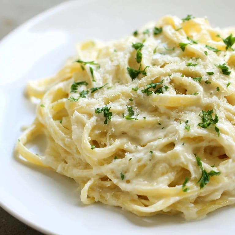 A quick and easy Pasta Alfredo Cottage Hack, showing perfectly coated pasta with melted Parmesan cheese.