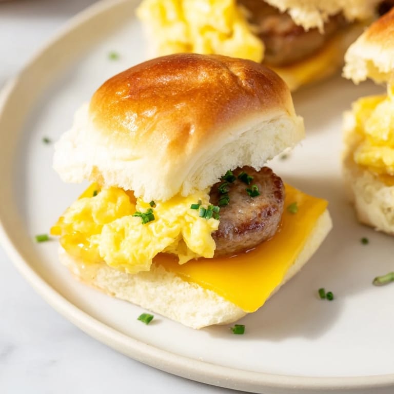 A close-up of delicious Mini Breakfast Sliders, perfectly toasted and oozing with melted cheddar.
