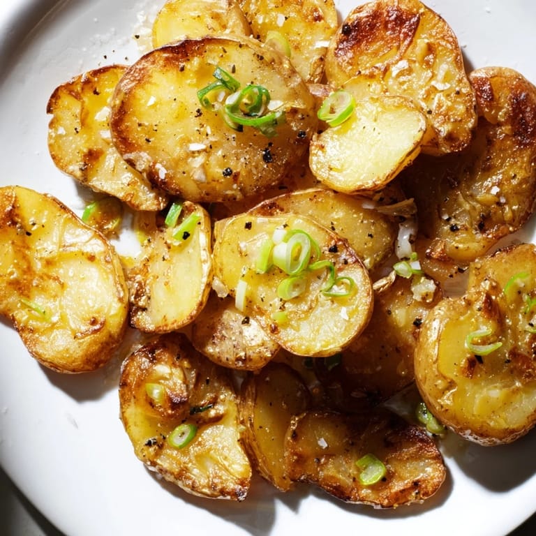Flavorful Smashed Green Onion Potato Bombs, with smashed potatoes glistening in fragrant scallion oil, ready to eat.