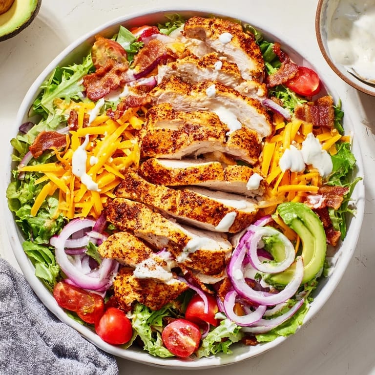 A colorful view of hearty Crispy Bacon Chicken Salad, featuring crisp greens and savory bacon pieces.