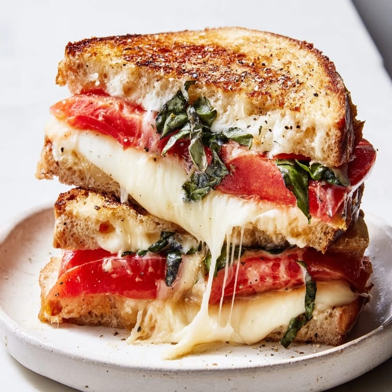 Perfectly toasted tomato basil grilled cheese sandwich, filled with juicy tomato slices and warm mozzarella.