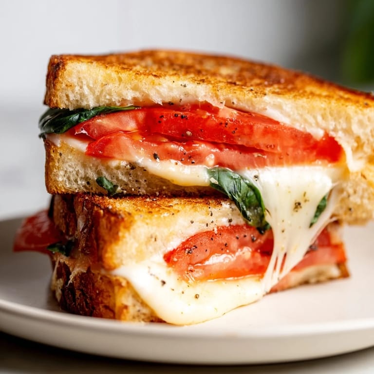 Savory tomato basil grilled cheese, served warm, with melted cheese and a hint of fresh basil aroma.