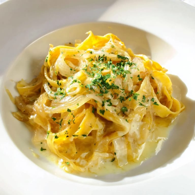 A steaming bowl of one-pot French onion pasta, featuring rich broth and perfectly cooked fettuccine.