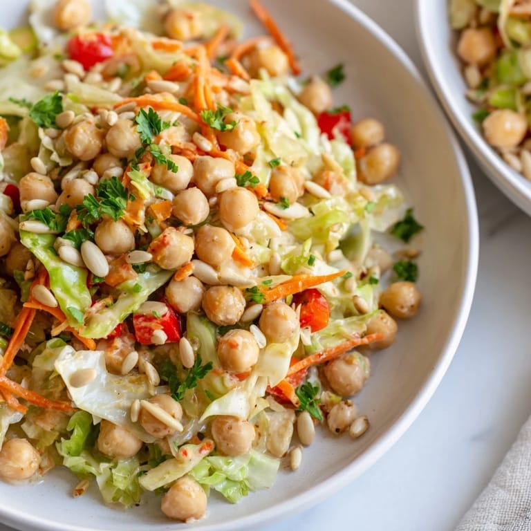 A refreshing bowl of Fiber-Forward Chickpea Salad, featuring crunchy cabbage and carrots, ready to eat.