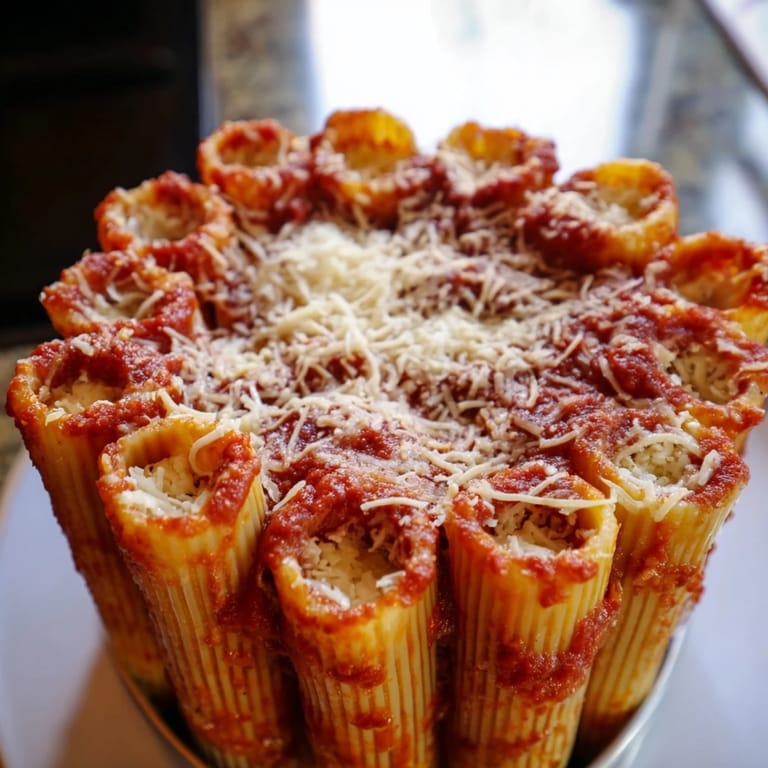 Upright rigatoni tubes filled with cheese and nestled in marinara; this Honeycomb Pasta Bake looks delicious.
