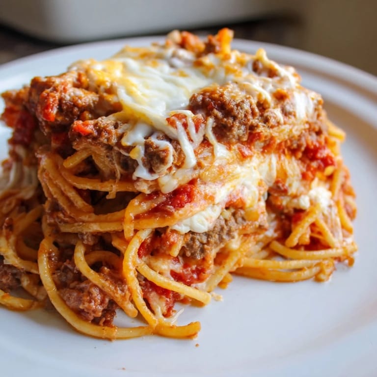 Golden-brown, cheesy top of the baked Million Dollar Spaghetti promises a rich, comforting meal.