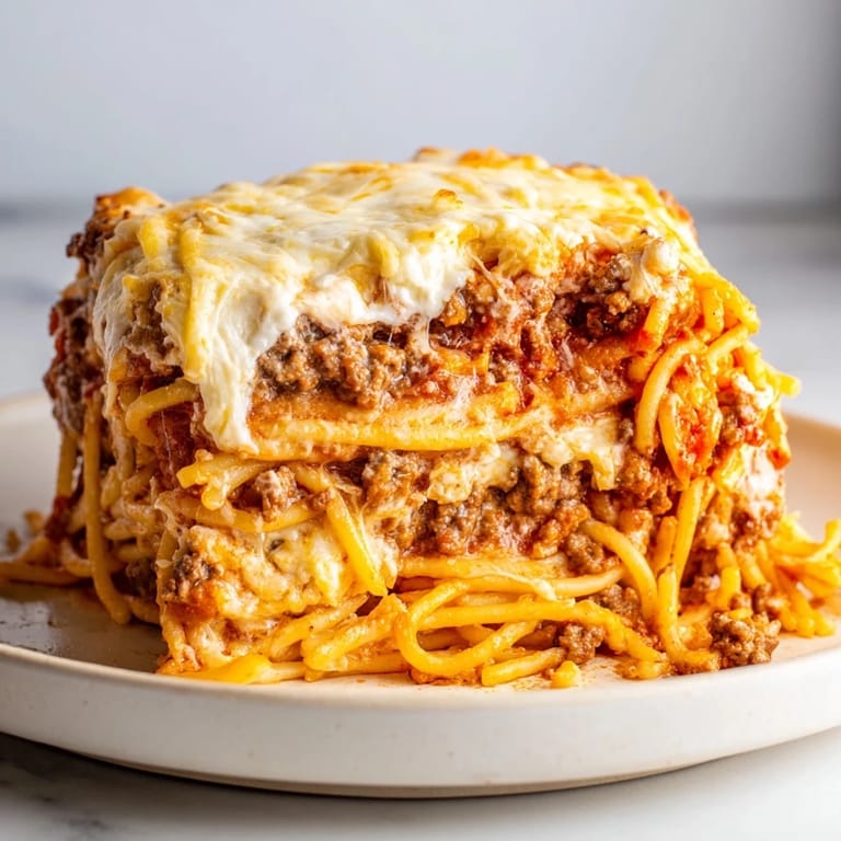 This warm, layered Million Dollar Spaghetti casserole is shown with a fork, ready to eat.