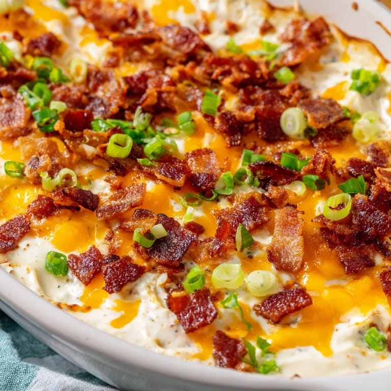 A warm, inviting shot of Cheesy Bacon Ranch Dip, perfect for dipping chips or veggies at game day.