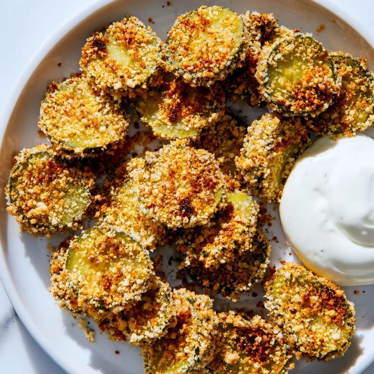Close-up of air-fried Crispy Fried Pickles, their breading perfectly blistered and awaiting a dip.