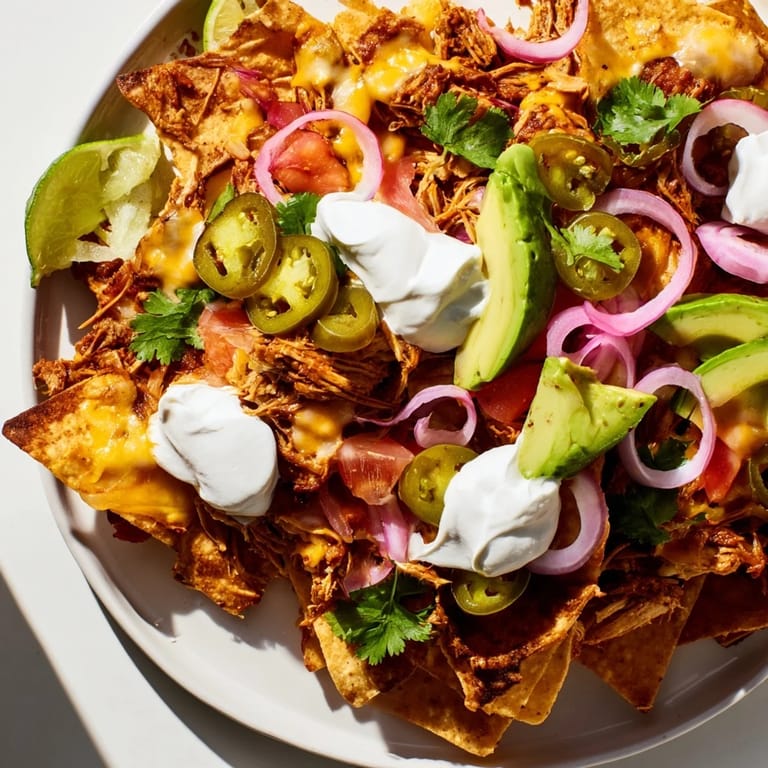 Enjoy these flavorful Loaded Nachos with warm pulled pork, creamy queso, and fresh garnishes for a snack!