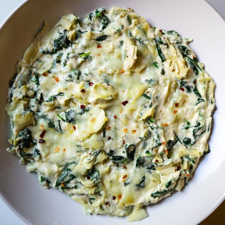 Close-up of inviting spinach artichoke dip, a favorite party appetizer ready to be scooped up.