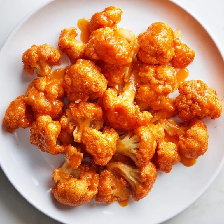 Close-up of crispy, flavorful Buffalo Cauliflower Bites, coated in vibrant buffalo sauce, a delicious snack.