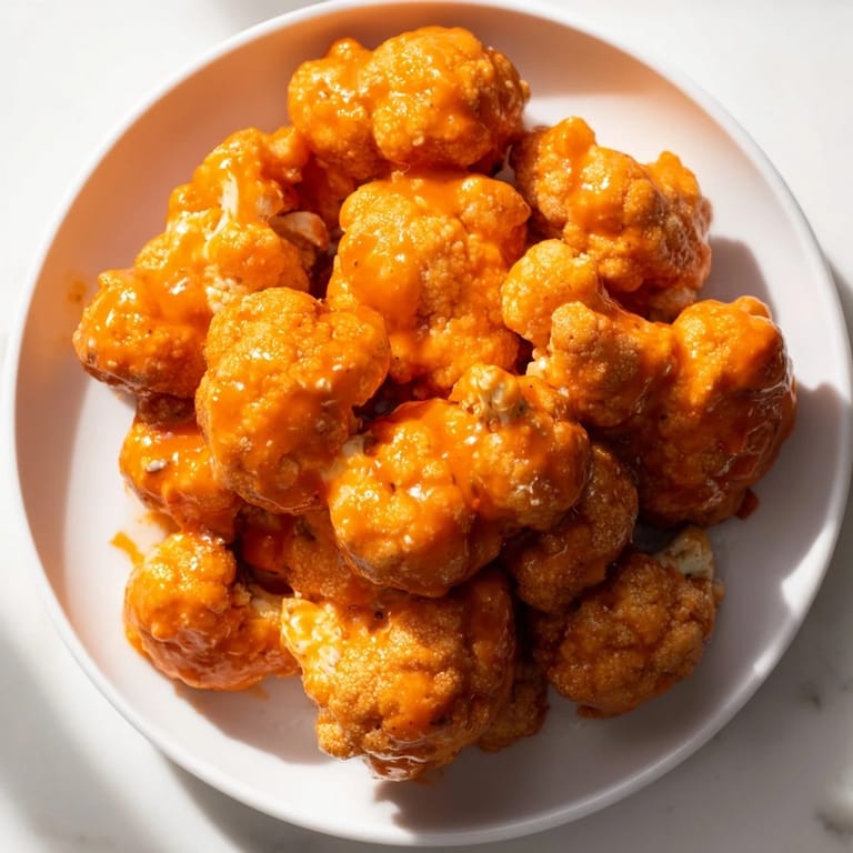 Spicy Buffalo Cauliflower Bites, coated in sauce, piled high and steaming; perfect for a vegetarian appetizer.
