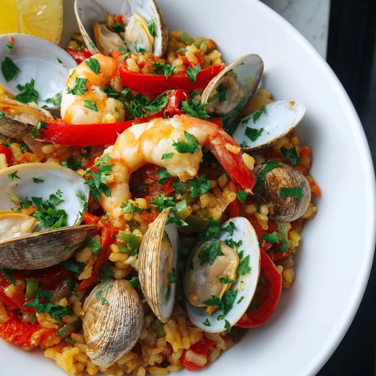 Steaming hot Spanish Seafood Paella with colorful bell peppers showcases fresh shellfish and herbs.