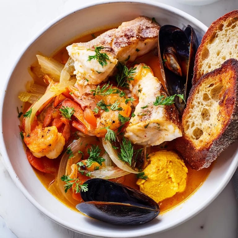 Close-up of vibrant bouillabaisse, showing chunks of fish in a flavorful, saffron-infused broth, ready to serve.