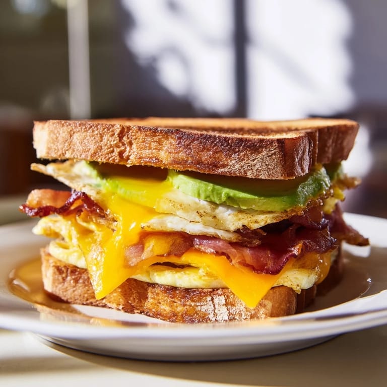 A hearty loaded breakfast sandwich layered with bacon, melty cheese, ripe avocado, and fresh spinach on buttery toasted bread.  