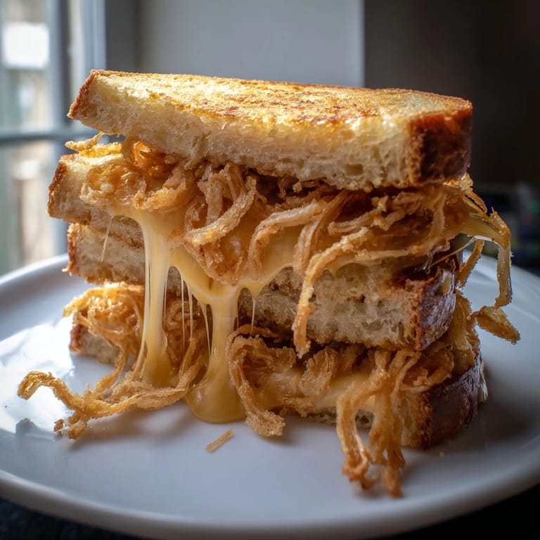 Served hot and cut in half, this Crispy Onion Grilled Cheese offers a satisfying crunch next to a steaming bowl of tomato soup.
