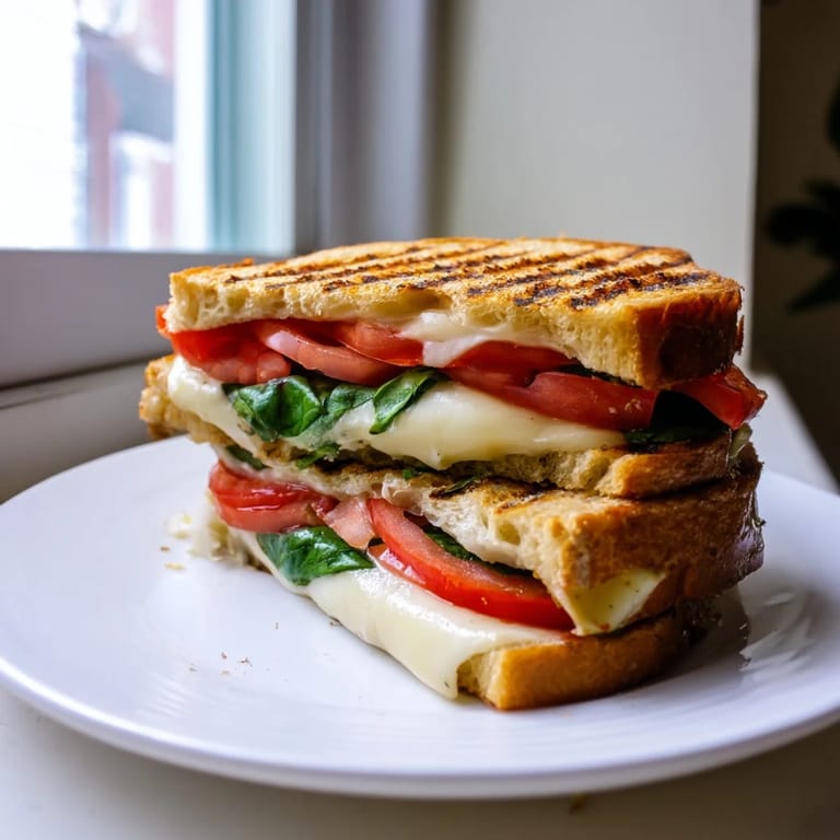 Grilled veggie panini with eggplant, zucchini, and feta, layered in focaccia with hummus and roasted red peppers.
