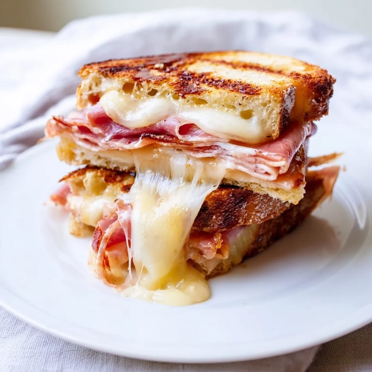 A close-up of a warm Crispy Prosciutto & Fig Panini shows crisp Italian bread, savory prosciutto, and gooey cheese, perfect for lunch. 