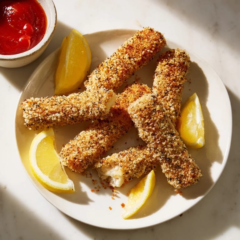 These delicious panko-coated halloumi fingers are served hot with lemon wedges and hot sauce, perfect for a party appetizer.