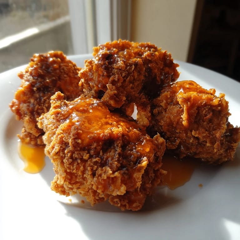 Hot Honey Butter Chicken pieces drizzled with honey and hot sauce, ideal for a family-style dinner presentation.