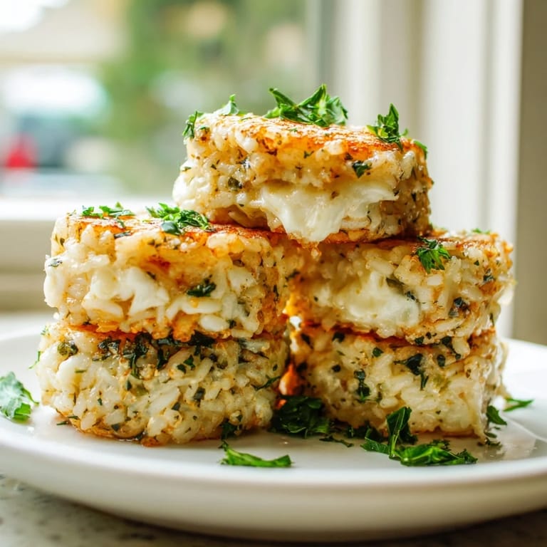 Crispy Rice Cake Cheese Stacks paired with warm marinara sauce on a rustic wooden board.