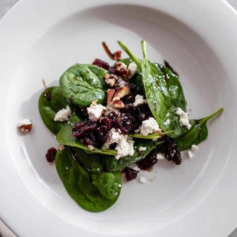 Spinach Goat Cheese Salad in a white ceramic bowl garnished with extra candied pecans, ready to serve as an elegant light lunch.  