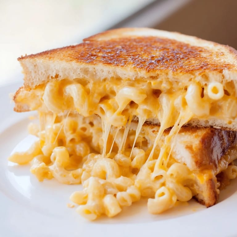 This Mac & Cheese Grilled Cheese is served hot on a wooden board, ready to satisfy any cheese lover's cravings.