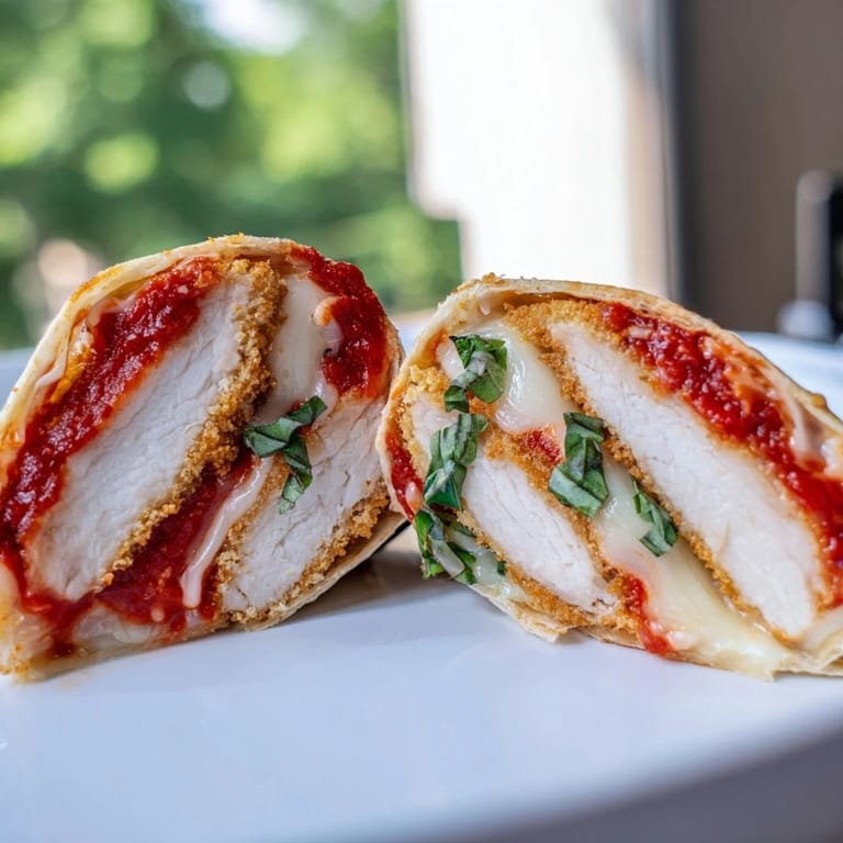 Crispy Chicken Parm Wrap cut in half showing melted cheese and marinara inside the soft tortilla.
