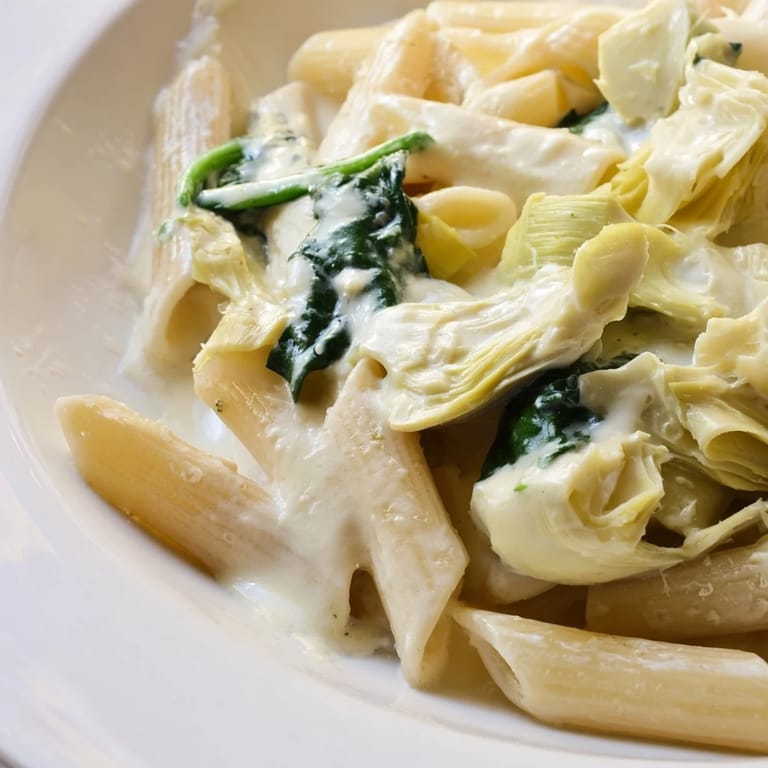 Cozy serving of Artichoke Pasta Bake in a casserole dish, garnished with buttery breadcrumbs and extra grated Parmesan.