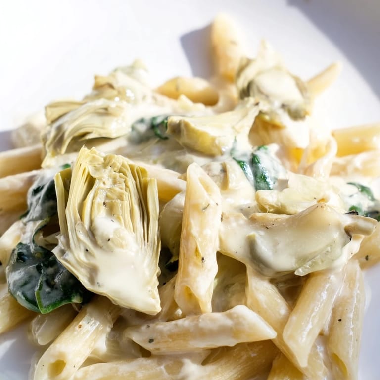 Close-up of Artichoke Pasta Bake with tender pasta, marinated artichoke hearts, and spinach in a velvety cream sauce.