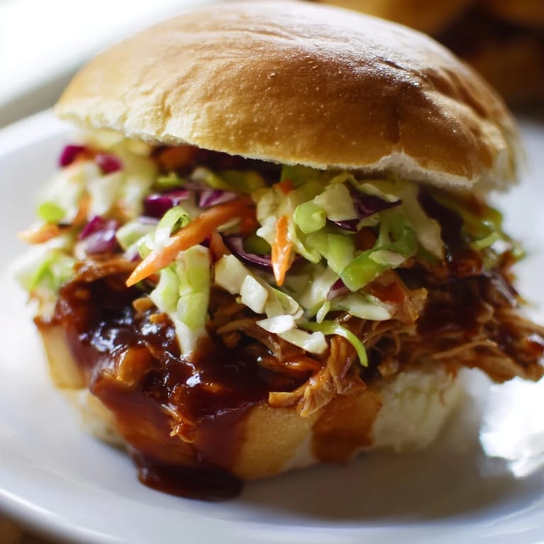 Golden toasted mini buns cradle smoky, tender BBQ chicken, generously layered with crunchy, vinegar-based coleslaw and a dollop of extra sauce.  