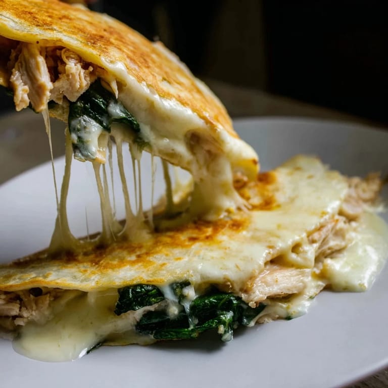 A rustic wooden board holding a golden Chicken and Spinach Quesadilla wedges, garnished with fresh cilantro and lime for a bright Mexican-American flavor.