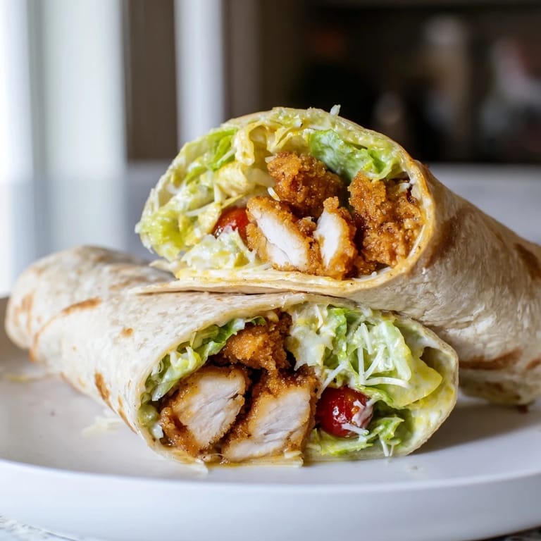 Freshly assembled Hot Honey Chicken Caesar Wrap on a wooden board, garnished with Parmesan shavings and croutons for a crunchy finish.