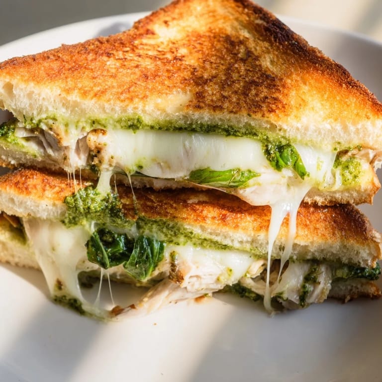 A rustic Mozzarella Pesto Chicken Grilled Cheese served on a white plate, accompanied by fresh basil leaves and a side salad.