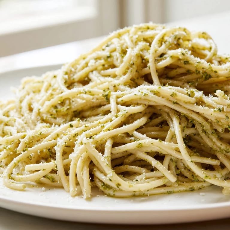 Sunflower seed pesto pasta tossed in a creamy sauce, garnished with extra seeds and lemon zest for a bright finish.