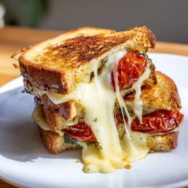 Caramelized roasted tomatoes and basil pesto fill this golden-brown grilled cheese sandwich, cut in half to show the gooey, melted cheese layers.