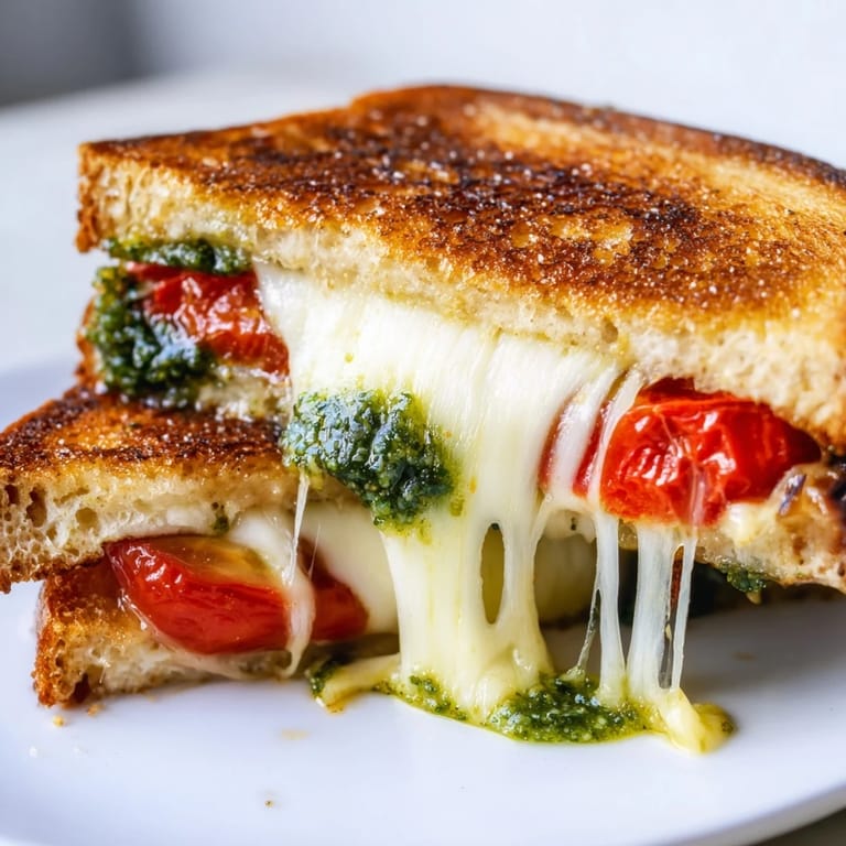 A gourmet Roasted Tomato Pesto Grilled Cheese with vibrant roasted tomatoes, spinach, and pesto on buttery, toasted bread for a comforting meal.