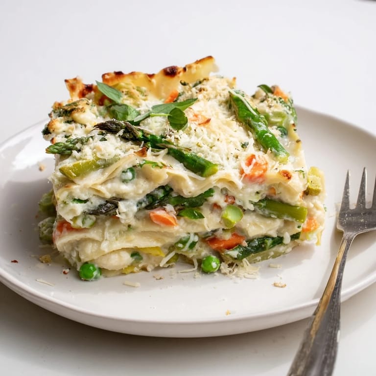 A golden-brown Spring Veggie Alfredo Lasagna emerges from the oven, showcasing bubbly cheese and vibrant veggies.  
