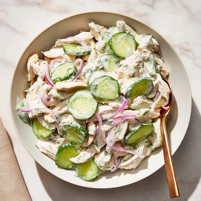 Chilled creamy cucumber chicken salad served in a clear glass bowl, garnished with fresh dill and sliced green onions.