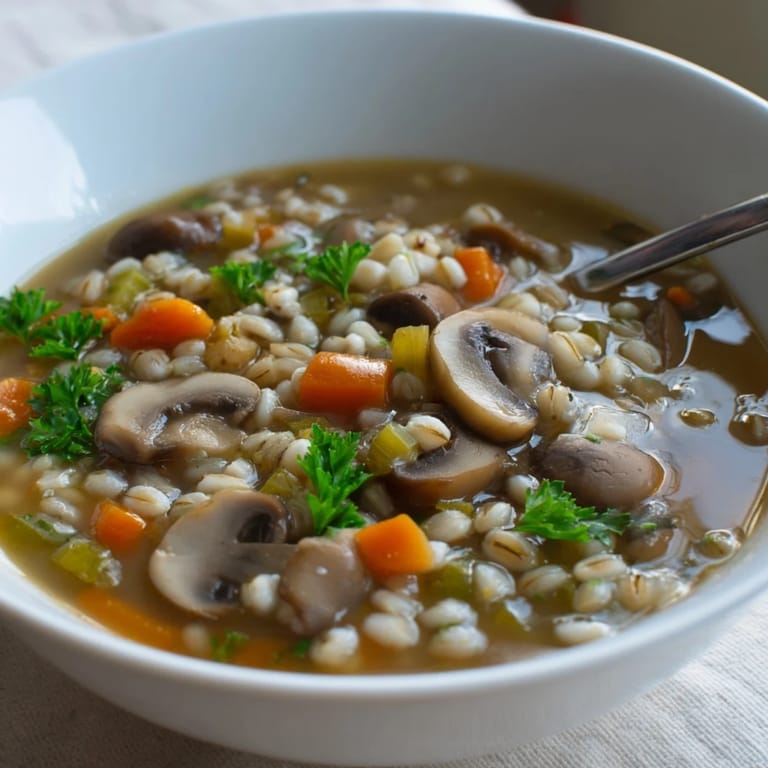 Hearty Mushroom and Barley Soup simmering in a pot, filled with diced carrots, celery, and earthy mushrooms for a cozy meal.