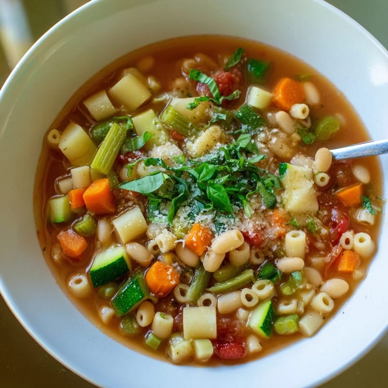 A steaming bowl of Minestrone Vegetable Soup next to crusty bread, showcasing hearty vegetables and savory broth.